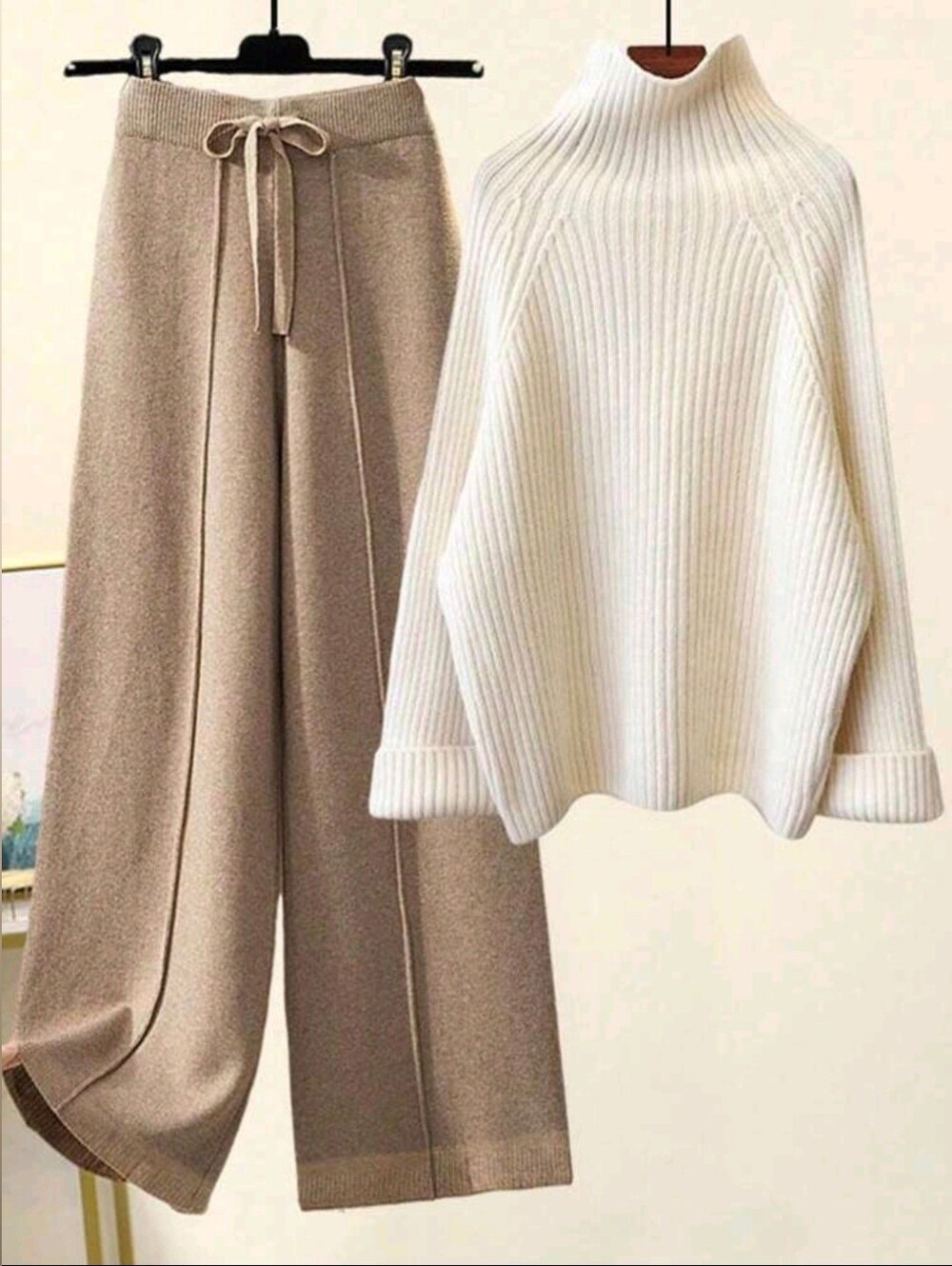 2Pcs Women Sweater Set,Ribbed Knit Off-White Half-High Collar Long Sleeve Sweate